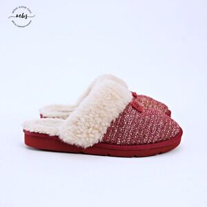 UGG Coquette Tweed Slippers Cabincore Wool Slip On Fur Trim Red Cream Women 7